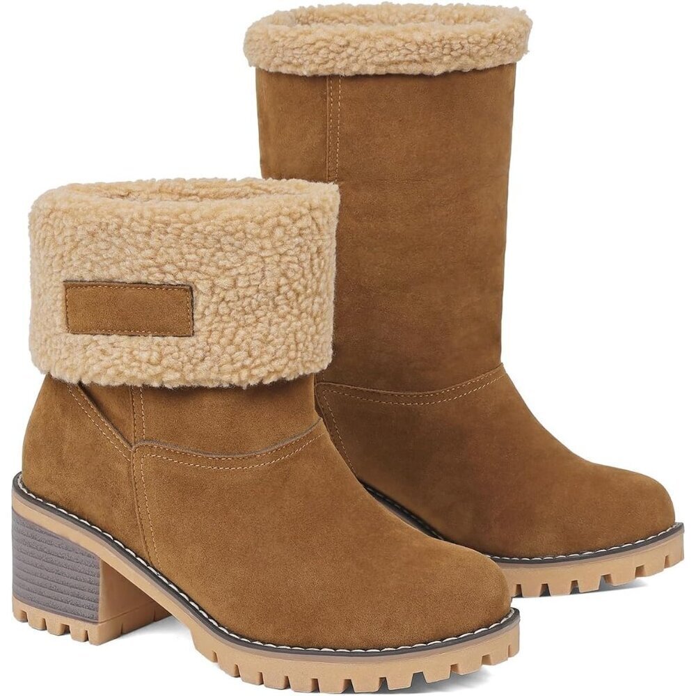 Women's Khaki Winter Boots Fur Lined Chunky Heel Slip On Snow Boot Warm Shoes